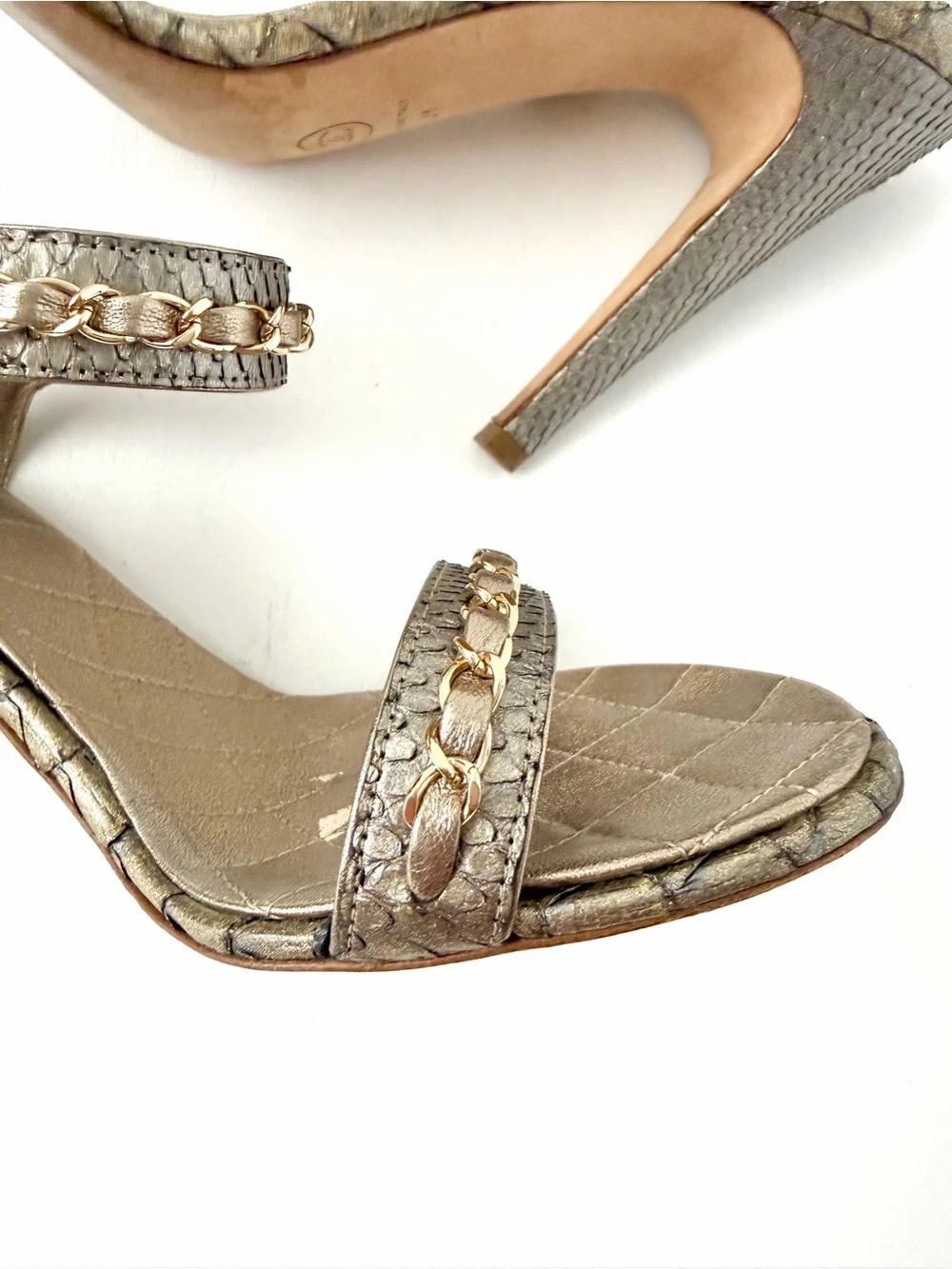 CHANEL | Gold Bronze Python CC Logo Chain Ankle Strap High Heel Sandals EU 41